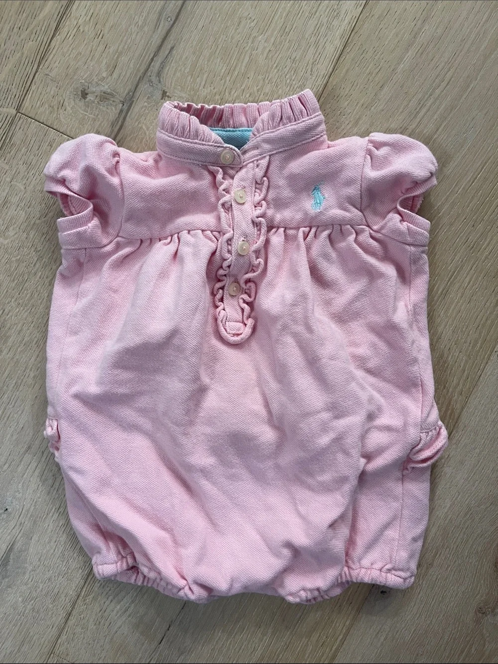 Ralph Lauren Pink Polo Baby Romper with Blue Logo Size 9 months